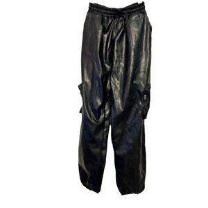 Black Faux Leather Cargo Jogger‎ Pants With Side Pockets & Elastic Waist 4